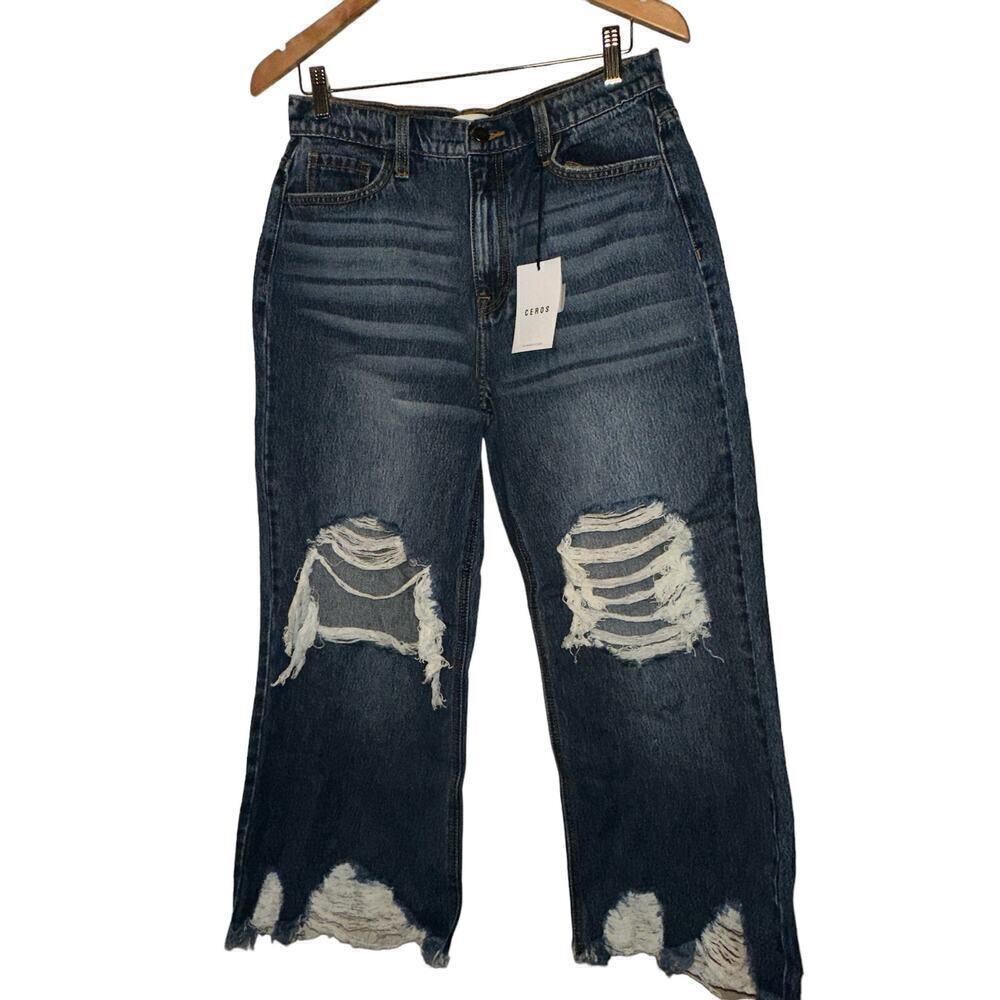 Ceros Women's High Rise Cropped Straight Ripped Denim Jeans Size 29 Blue NWT